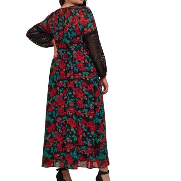 Torrid Dress 4X Red Floral Maxi Peasant Chiffon Lace Fairy Whimsigoth Feminine - Picture 1 of 15
